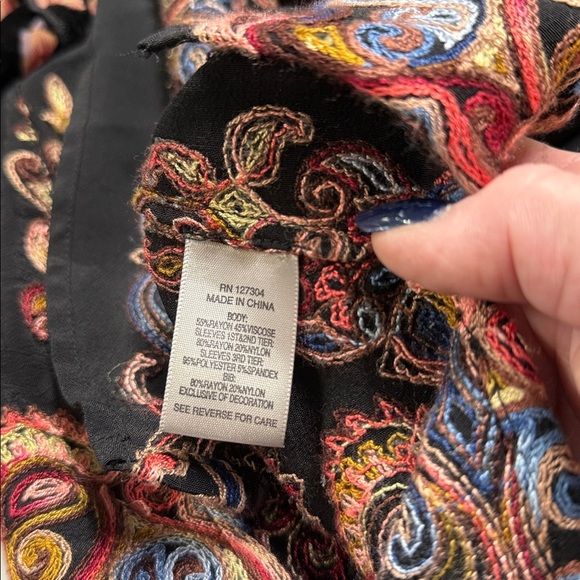 John Mark Burnout Floral Velvet Split Neck Long Sleeve Boho Embroidered Blouse M - Picture 4 of 10